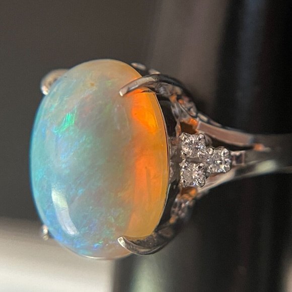 Genuine 7.2 CT Opal Stone + Diamonds White Platinum 900 Gold Ring US Sz 5.75 - Picture 6 of 14